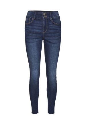 Smala jeans i mörkblå denim med hög midja, två framfickor, två bakfickor och knappstängning. Slät yta med lätt blekning.