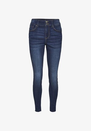 Jean skinny en denim bleu foncé, avec une taille haute, deux poches avant, deux poches arrière et une fermeture à bouton. Texture lisse avec un léger effet délavé.