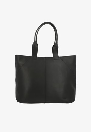 Čierna kožená kabelka typu tote s dvoma rukoväťami, hladkou textúrou a jemnými švami na bielom pozadí.