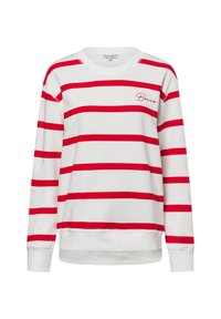 Felpa bianca con audaci strisce orizzontali rosse, polsini e orlo a coste, con testo ricamato "Becja" sul lato sinistro.