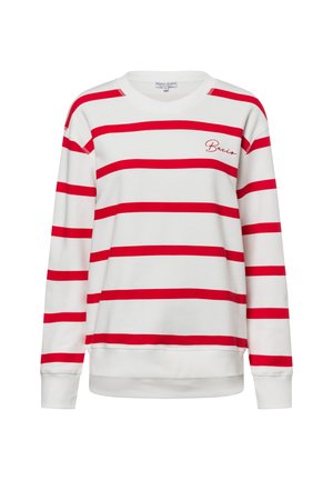 Weißer Sweatshirt mit kräftigen roten horizontalen Streifen, gerippten Bündchen und Saum, mit gesticktem Text "Becja" auf der linken Seite.