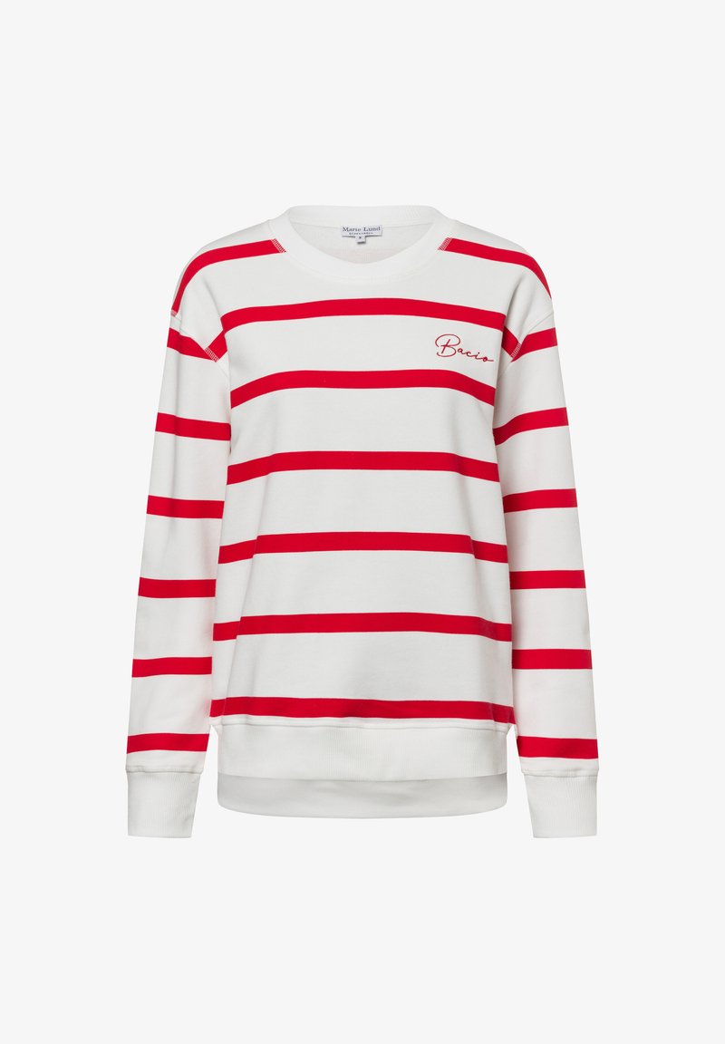 Felpa bianca con audaci strisce orizzontali rosse, polsini e orlo a coste, con testo ricamato "Becja" sul lato sinistro.