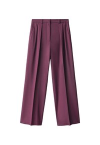 Pantalones de pierna ancha de color púrpura oscuro, confeccionados en un tejido suave, con pliegues frontales y bolsillos laterales, diseñados con un ajuste entallado para mayor comodidad.