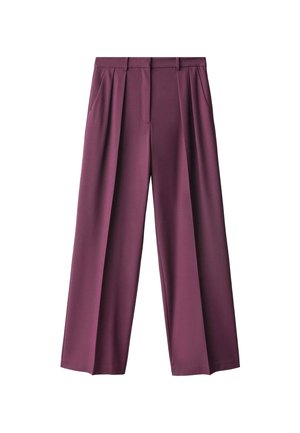 Pantalones de pierna ancha de color púrpura oscuro, confeccionados en un tejido suave, con pliegues frontales y bolsillos laterales, diseñados con un ajuste entallado para mayor comodidad.