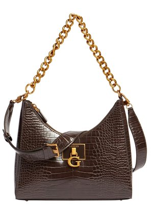 Dunkelbraune Handtasche mit Krokodillederstruktur, goldener Kettenriemen und goldener "G"-Logo-Verschluss der Marke Guess.