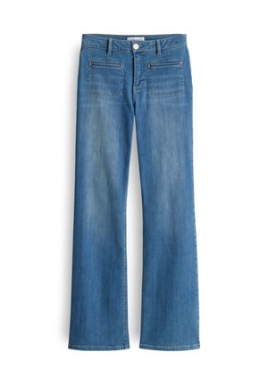 Jeans in denim blu con design a gamba dritta, cinque tasche e chiusura con bottone in vita. Finitura sbiadita con struttura sottile.