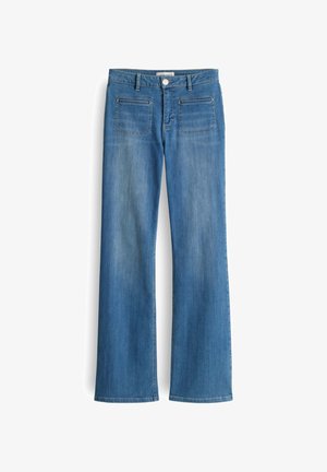 Blauwe denim jeans met een rechte pijp, vijf zakken en een knoopsluiting op de taille. Vervaagde afwerking met subtiele textuur.