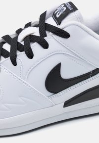 Basket Air Jordan blanche et noire avec des lacets noirs, logo Nike swoosh noir et étiquette Jordan 23 sur la languette.
