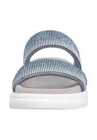 Blue and silver open-toe sandals with two wide straps featuring rhinestones, on a white cushioned sole for comfort and stability.