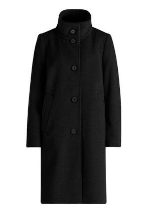 Black wool coat with a high collar, front button closure, two side pockets, and a straight cut, featuring a smooth texture and no patterns.
