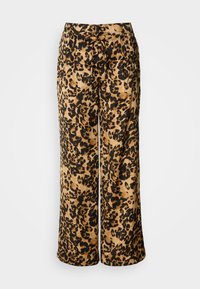 Pantalon à jambes larges avec imprimé léopard marron clair et noir, taille élastique et détail de nouage à l'avant.