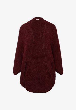 Bordeaux open-front cardi met een gestructureerde, fuzzy stof, brede mouwen en twee voorzakken, met een ontspannen, oversized ontwerp.