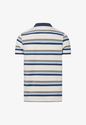 Kurzarm-Polohemd mit einem blauen und beigen gestreiften Design, ausgestattet mit einem marineblauen Kragen und aus weichem Baumwollmaterial gefertigt.