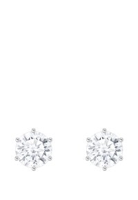 Metallische Steckerohrringe mit klaren, rund geschliffenen Steinen, die von sechs Krallen gehalten werden und in einer polierten Silberoptik präsentiert werden.