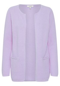 Ljuslila cardigan gjord av texturerat stickat tyg, med öppen framsida, långa ärmar och två framfickor.