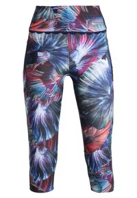 Trekvarts leggings med et blomsterdesign i livlige farver, der har en høj talje og en glat, strækbar stof.