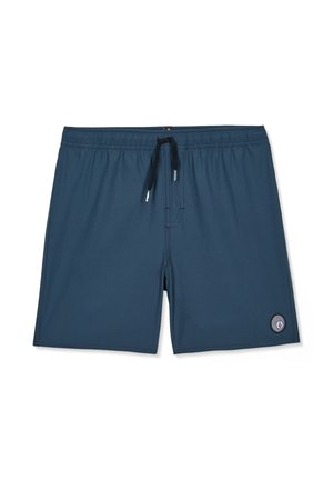 Shorts de bain bleu marine avec taille élastique, cordon noir, et petit logo circulaire sur la partie inférieure de la jambe gauche.
