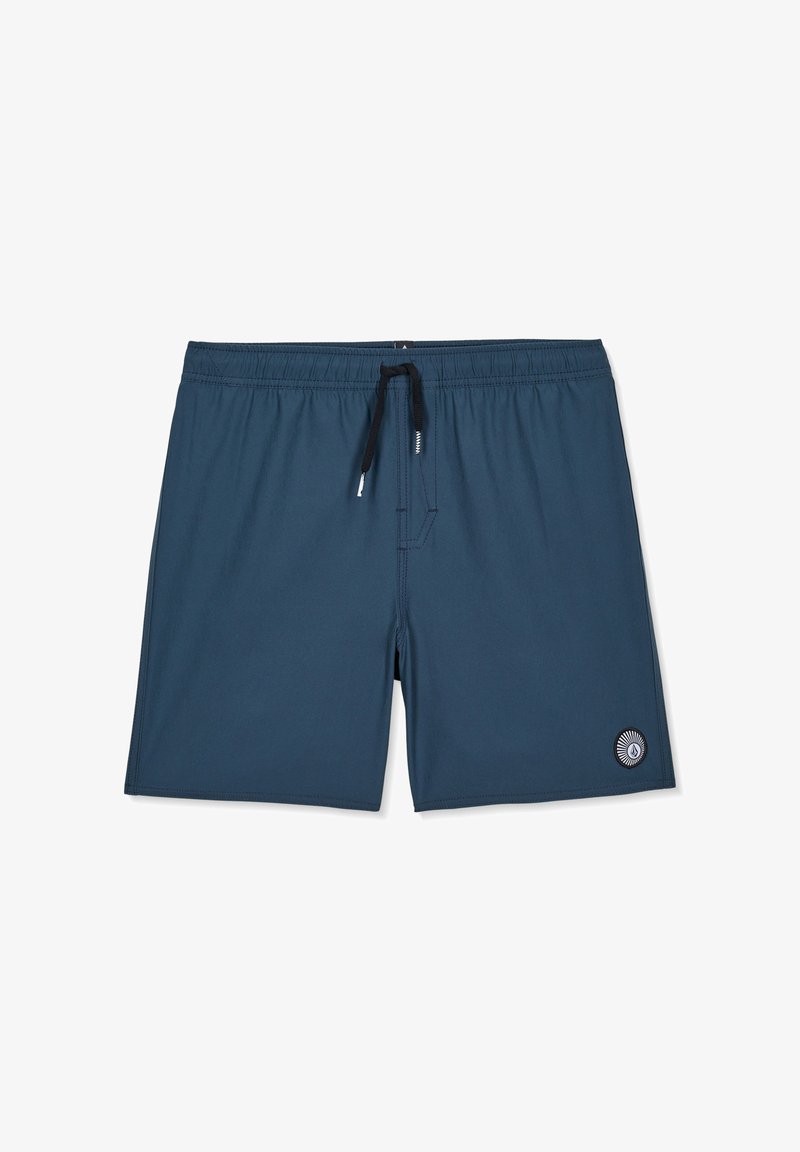 Shorts de bain bleu marine avec taille élastique, cordon noir, et petit logo circulaire sur la partie inférieure de la jambe gauche.