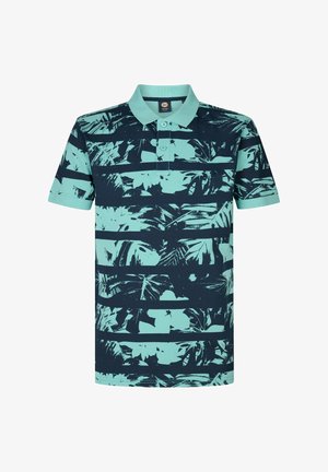 Polo majica s mornarsko modro podlago, teal črtami in tropskim listnatim vzorcem. Narejena iz zračnega materiala s klasičnim ovratnikom.