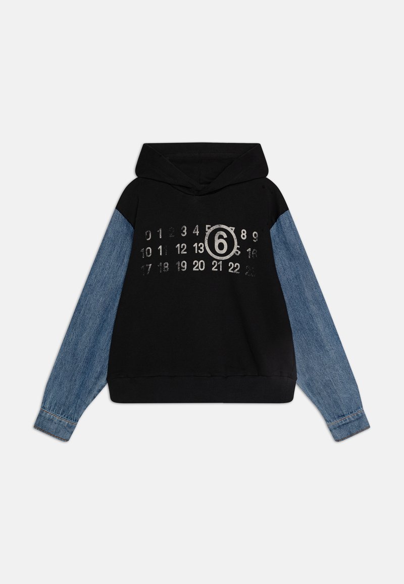 Hooded sweatshirt with black body and blue denim sleeves. Features printed numbers and a large circle with the number 6. Soft material.