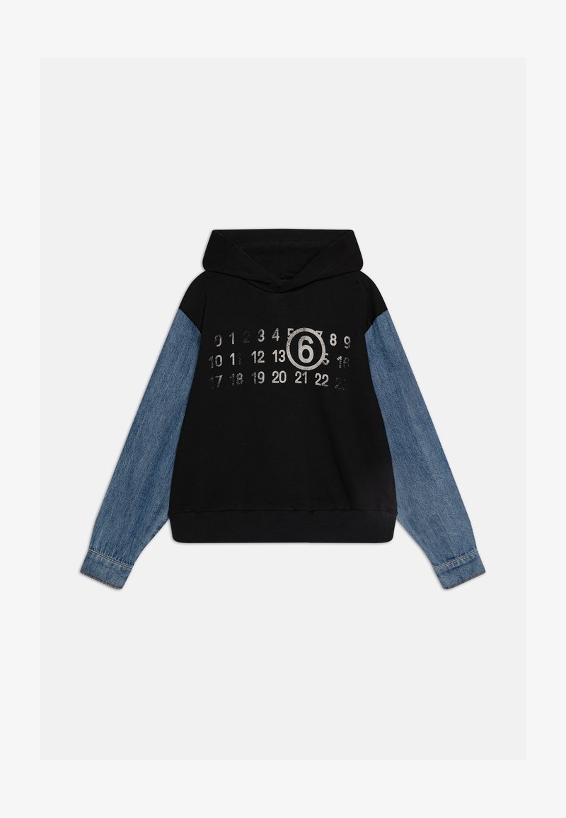 Hooded sweatshirt with black body and blue denim sleeves. Features printed numbers and a large circle with the number 6. Soft material.