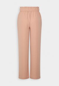 Kalhoty s vysokým páskem a rovnými nohavicemi v měkké růžové látce, s elastickým staženým páskem a bočními kapsami.