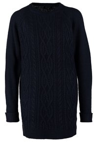 Robe-pull en maille bleu marine à manches longues avec motif torsadé et poignets et ourlet côtelés.
