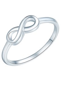 Sidabrinė infinity formos žiedas su lygiu, blizgiu paviršiumi; turi elegantišką, minimalistinį dizainą ir ploną juostelę.