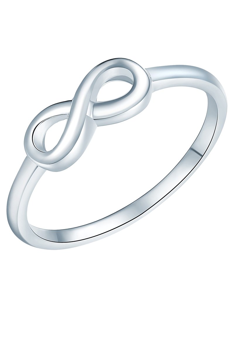 Sidabrinė infinity formos žiedas su lygiu, blizgiu paviršiumi; turi elegantišką, minimalistinį dizainą ir ploną juostelę.