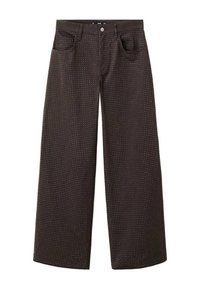 Bruine wijde jeans met een gestippeld patroon, vijf zakken, een knoopsluiting en een gladde textuur.