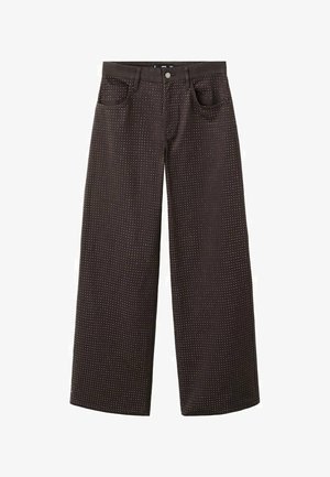 Bruine wijde jeans met een gestippeld patroon, vijf zakken, een knoopsluiting en een gladde textuur.