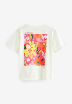 Kurzärmliges Creme-T-Shirt mit einem floralen Grafikdesign in Pink, Gelb und Grün sowie dem Text "Kopenhagen" und "Blumenmarkt 1989".