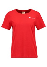 Rød bomulds T-shirt med korte ærmer, rund halsudskæring og et lille hvidt logo på brystet. Har en glat tekstur og regular fit.