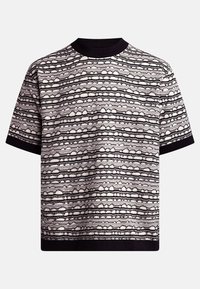 Short-sleeve t-shirt in light gray and black, featuring a textured pattern of wavy lines and dots, with a black ribbed collar and cuffs.