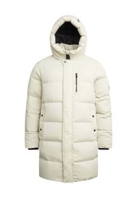 Lungo cappotto invernale imbottito color crema con cappuccio, zip frontale, tasca con zip sul petto e tasche laterali con bottone a pressione.