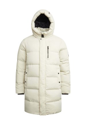 Long manteau d'hiver matelassé couleur crème avec capuche, fermeture éclair à l'avant, poche zippée sur la poitrine et poches latérales à bouton-pression.