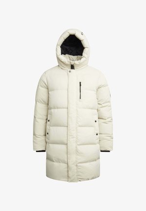 Long manteau d'hiver matelassé couleur crème avec capuche, fermeture éclair à l'avant, poche zippée sur la poitrine et poches latérales à bouton-pression.