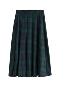 Plisseret nederdel i mørkegrøn og marineblå plaid. Har en knaplukning i taljen og en blød tekstur med et flydende design.