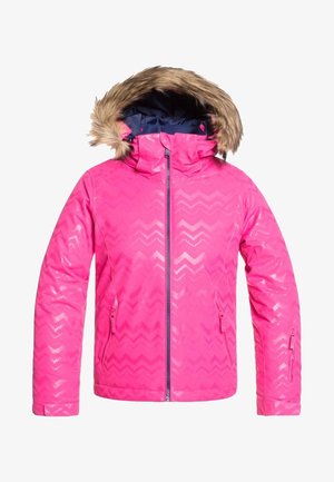 Veste de ski rose vif avec un motif en zigzag, une capuche doublée de fausse fourrure et des poches latérales zippées. Fabriquée en matériau brillant et lisse.