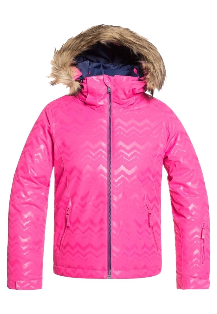 Veste de ski rose vif avec un motif en zigzag, une capuche doublée de fausse fourrure et des poches latérales zippées. Fabriquée en matériau brillant et lisse.