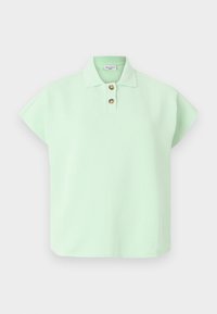 Lichtgroene polo met korte mouwen, voorzien van een drieknops sluiting en een zachte textuur. Heeft een klassieke kraag en een ontspannen pasvorm.