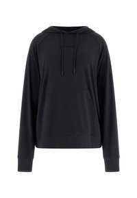 Musthave mustarikk huppari, millel on kenguru tasku, pikad raglan varrukad ja esiosas kõrgelt reljeefne logo, valmistatud pehmest kangast.