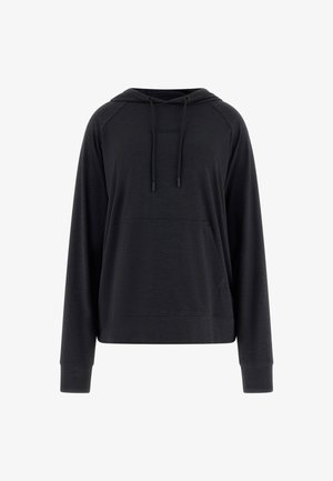 Felpa nera con cappuccio dotata di tasca a canguro, maniche lunghe a raglan e dettagli del logo in rilievo sulla parte anteriore, realizzata in un morbido tessuto.