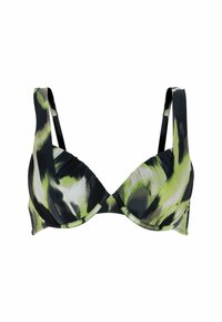 Bikini gornji dio sa uzorkom crno-zelenog tie-dyea, s oblikovanim košaricama i širokim trakama. Ima glatku, sjajnu tkaninu s suptilnim sjajem.