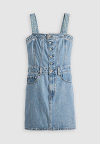 Denimkleit, helesinine, paremini sobiv ülemine osa, reguleeritavad rihmad, nööpide eesosa, kaks külgekotti ja sirge seelik, mis ulatub üle põlve.