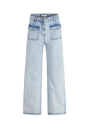 Helle blaue Denim-Hosen mit weitem Bein, ausgestattet mit zwei Fronttaschen und zwei Gesäßtaschen, verziert mit gestickten Details und einem Bund mit Gürtelschlaufen.