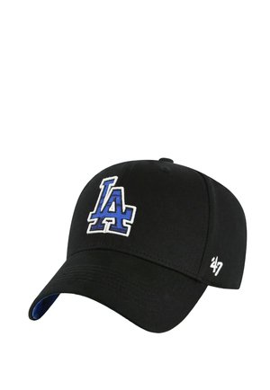 Casquette de baseball noire en tissu avec une visière courbée, arborant un logo "LA" brodé en bleu et blanc à l'avant et un petit accent blanc sur le côté.
