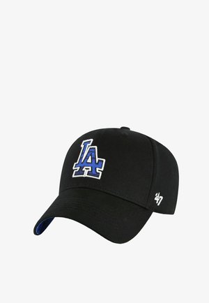 Schwarze Baseballmütze aus Stoff mit einem gebogenen Schild, versehen mit einem blauen und weißen gestickten "LA"-Logo auf der Vorderseite und einem kleinen weißen Akzent an der Seite.