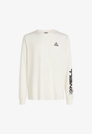 Pitkähiha beige puuvillapaita, jossa on pieni monivärinen kolmio-logo rinnassa ja musta "O'Neill" -teksti ja grafiikka hihassa.