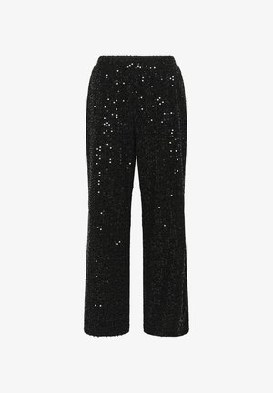 Black sequin pants with a wide-leg design, featuring an elastic waistband and a textured surface adorned with reflective sequins.